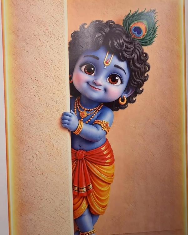 Close-up of a printed Krishna mural showing fine detail